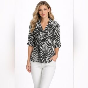 Nine West Zebra Animal Print Ruffle Front Blouse Top Black White Size L